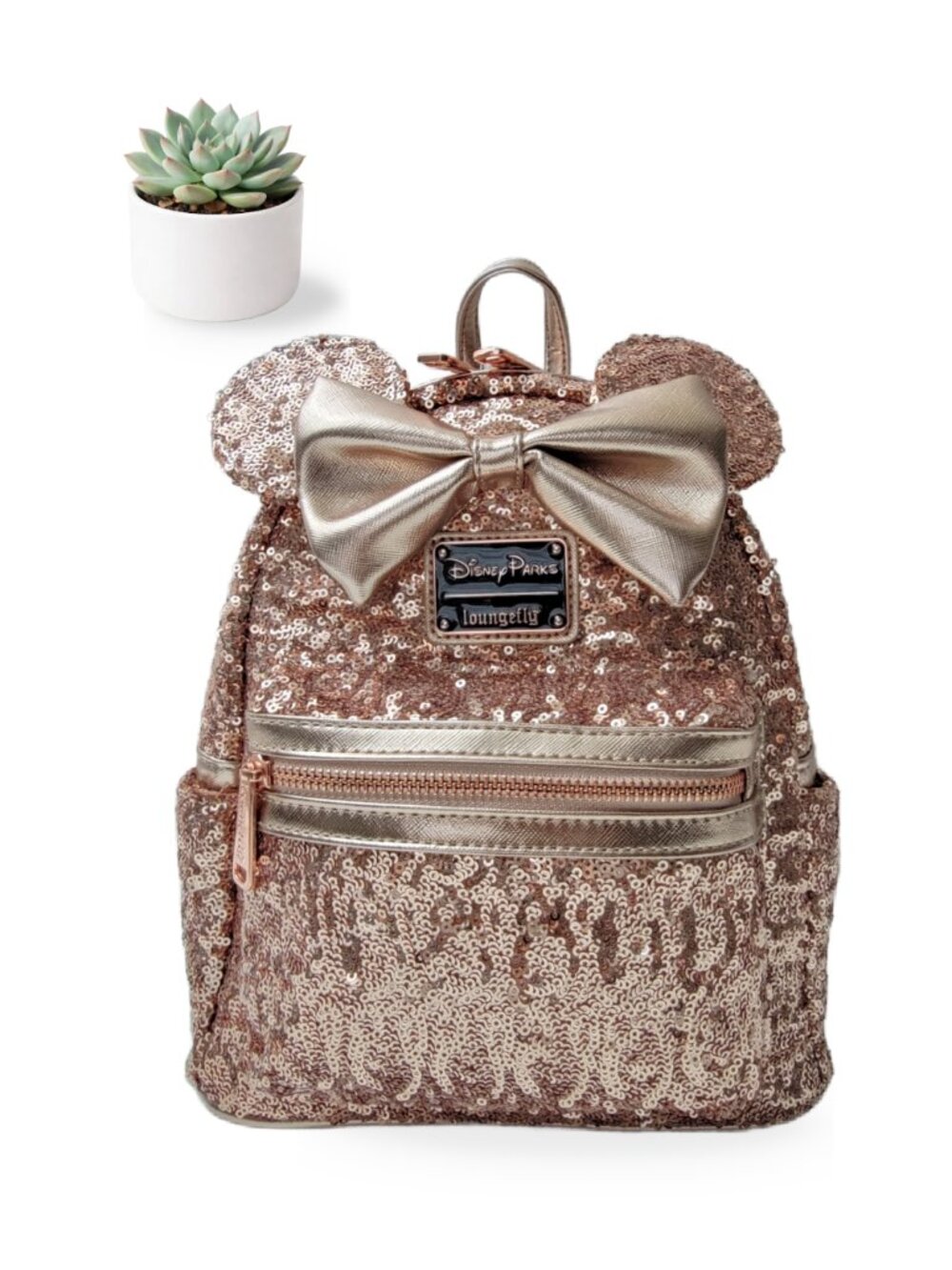 Loungefly Disney Parks Rose Gold Sequin Minnie Mouse Mini Backpack Bow Ears Bag